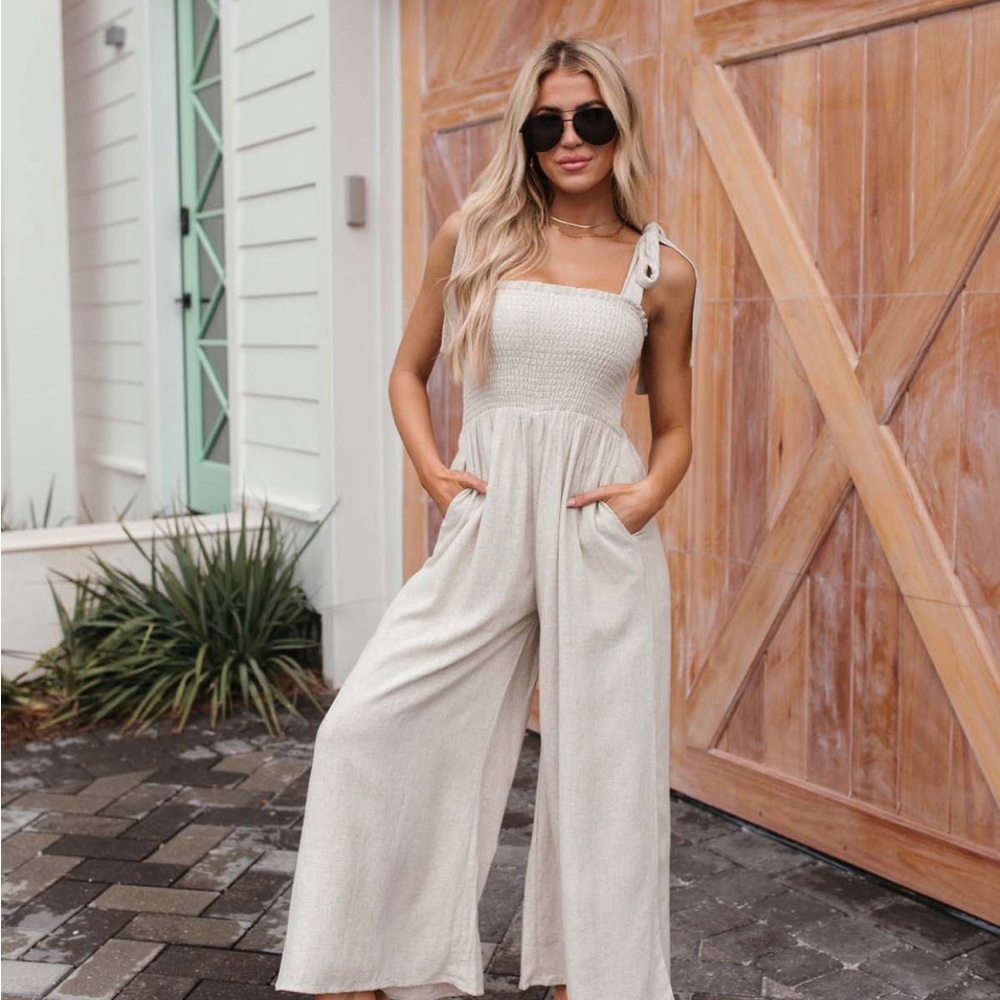 Linen tie shoulder smock top jumpsuit
